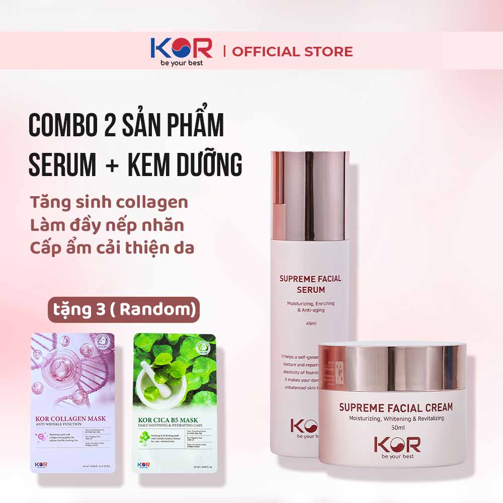 Combo 2: Serum + Kem dưỡng KOR Hàn Quốc tặng 3 mặt nạ Kor ( Collagen hoặc Cica B5 )