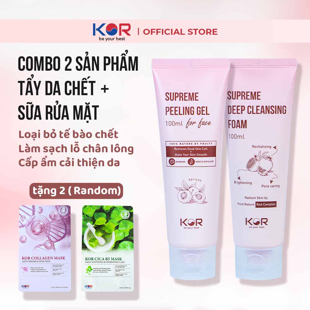 Combo 2: Tẩy da chết + Sữa rửa mặt KOR Hàn Quốc tặng 2 mặt nạ Kor ( Collagen hoặc Cica B5 )
