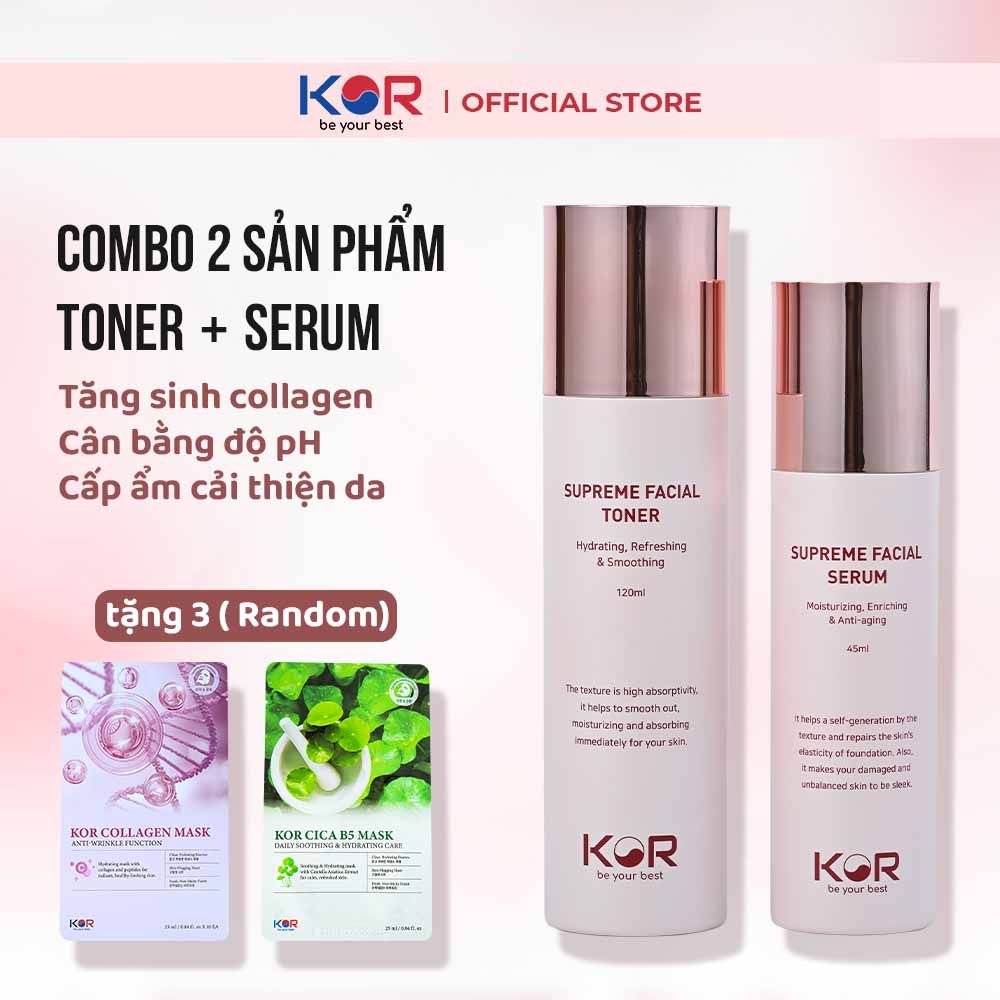 Combo 2: Toner + Serum KOR Hàn Quốc tặng 3 mặt nạ Kor ( Collagen hoặc Cica B5 )