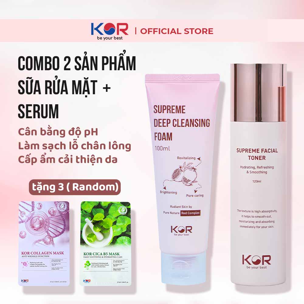 Combo 2: Sữa rửa mặt + Toner KOR Hàn Quốc tặng 3 mặt nạ Kor ( Collagen hoặc Cica B5 )