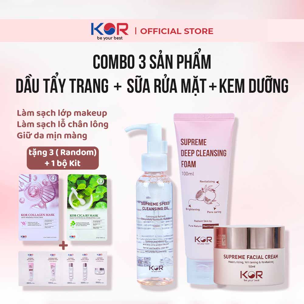 Combo 3: Dầu tẩy trang + Sữa rửa mặt + Kem dưỡng da KOR Hàn Quốc tặng 3 mặt nạ Kor (Collagen hoặc Cica B5) + Bộ KIT KOR
