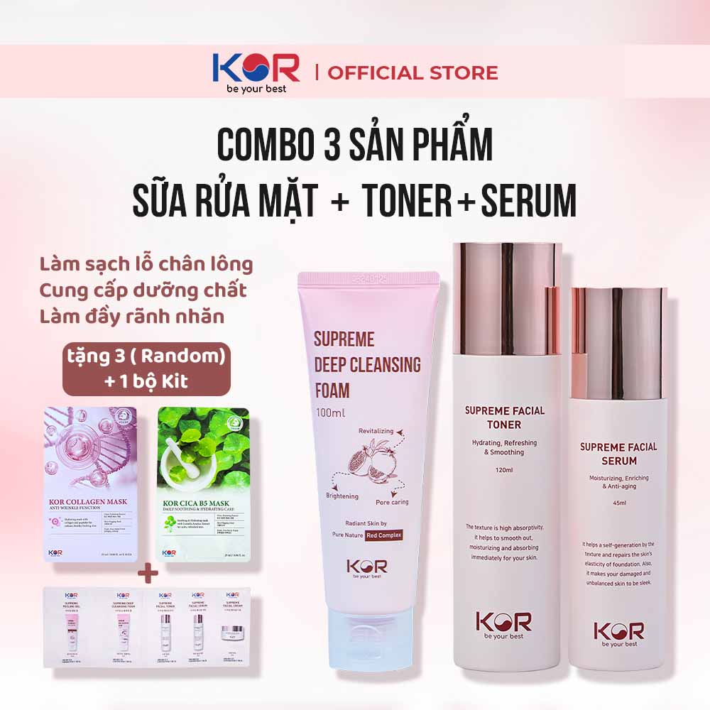 Combo 3: Sữa rửa mặt + Toner + Serum KOR Hàn Quốc tặng 3 mặt nạ Kor ( Collagen hoặc Cica B5 ) + Bộ KIT KOR