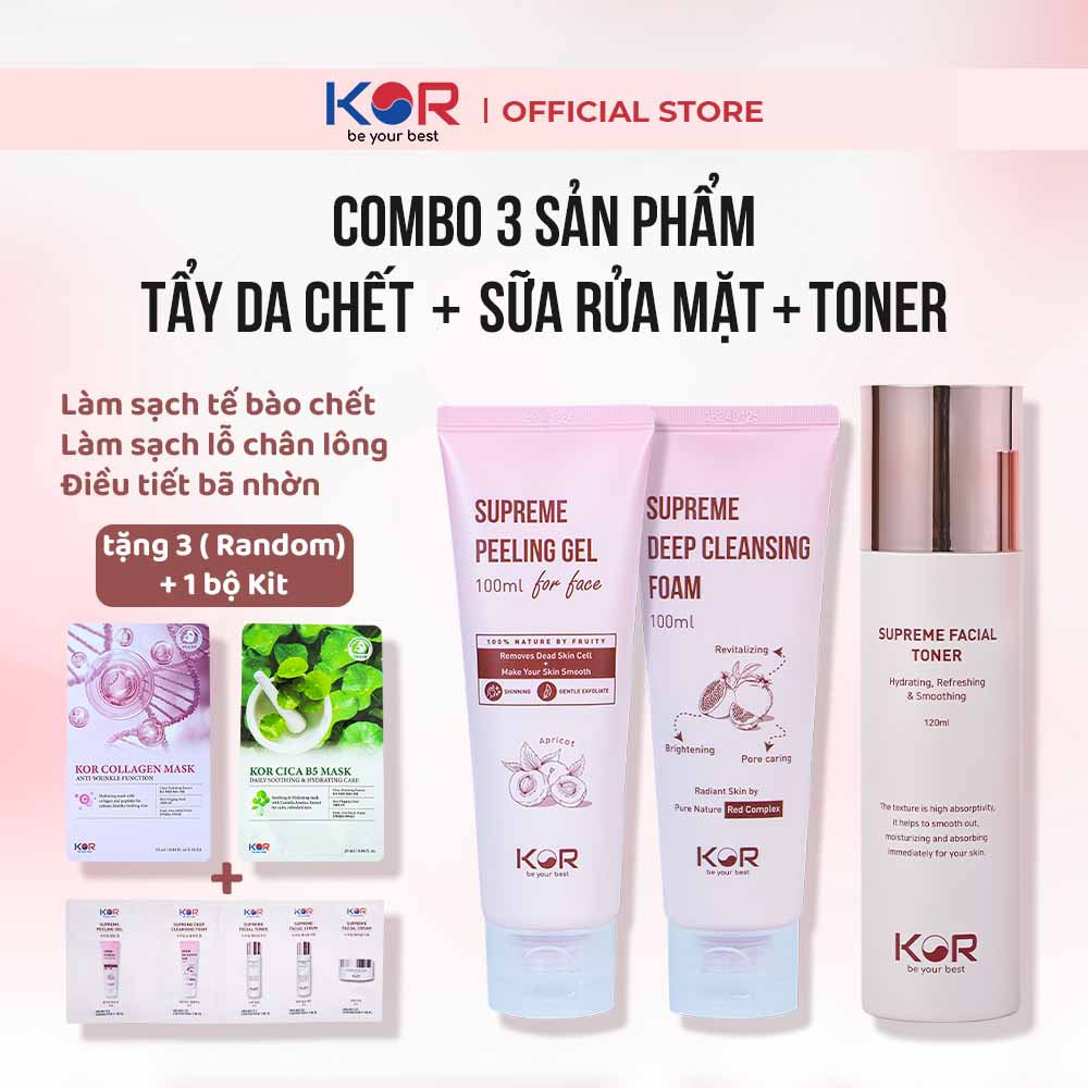 Combo 3: Tẩy da chết + Sữa rửa mặt + Toner KOR Hàn Quốc tặng 3 mặt nạ Kor ( Collagen hoặc Cica B5 ) + Bộ KIT KOR