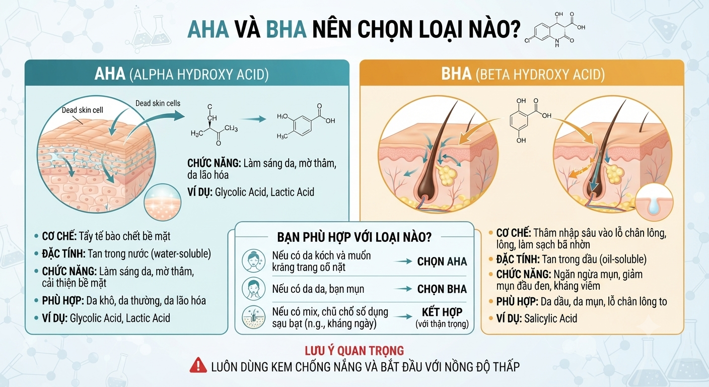 AHA và BHA nên chọn loại nào? So sánh chi tiết cho từng loại da