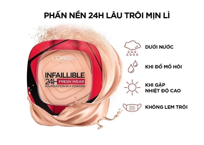 Phấn nước L’oreal Paris Infallible Fresh Wear dạng kem nền 24H mịn mướt lâu trôi kiềm dầu