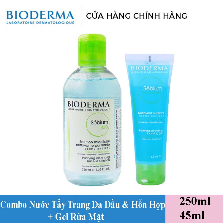 Combo Bioderma Nước Tẩy Trang 250ml (Xanh) + Gel Rửa Mặt Da Hỗn Hợp, Da Dầu 45ml