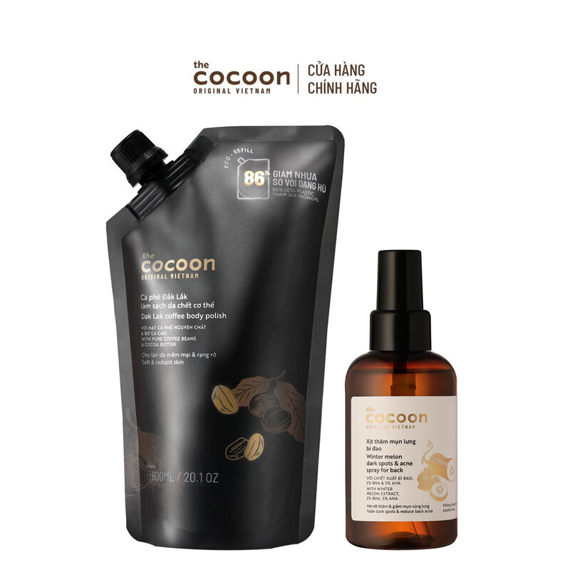 Combo Cocoon Túi Refill Tẩy Tế Bào Chết Toàn Thân Và Xịt Thâm Mụn Lưng