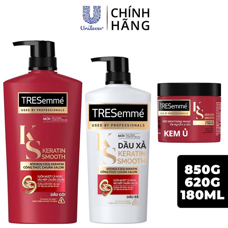 Combo TRESemmé 3 Món Gội Xả Ủ Keratin Vào Nếp Suôn Mượt Gội 850g + Xả 620g + Ủ 180ml