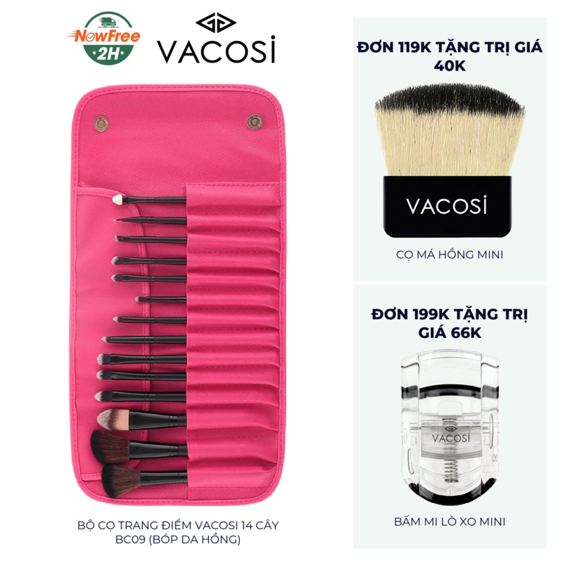 Bộ Cọ Trang Điểm Vacosi 14 Cây BC09 (Bóp Da Hồng)