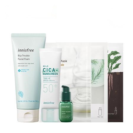 Set Innisfree Bija Trouble Facial Foam & Green Tea Seed Serum & Mild Cica Sunscreen & 3 Masks Combo