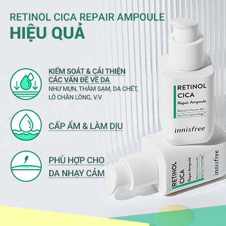 Set tinh chất phục hồi Retinol & nước cân bằng làm dịu da mụn innisfree Retinol Cica Ampoule & Bija Cica Skin