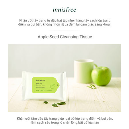 Khăn giấy Innisfree Apple Seed Cleansing Tissue tẩy trang táo xanh 15 tờ